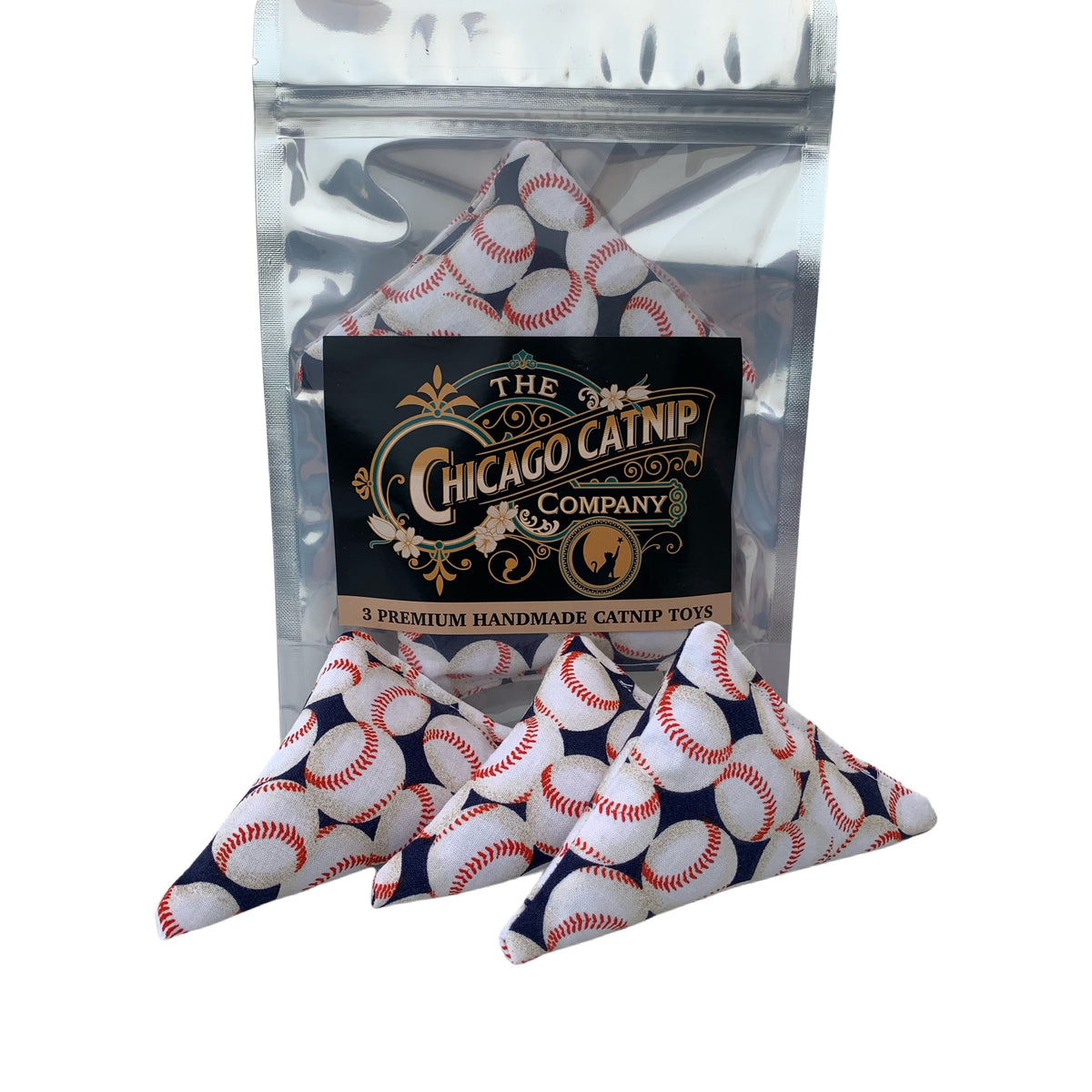 Baseball Edition 3 Premium Handmade Catnip Triangles in Foil Pouch
